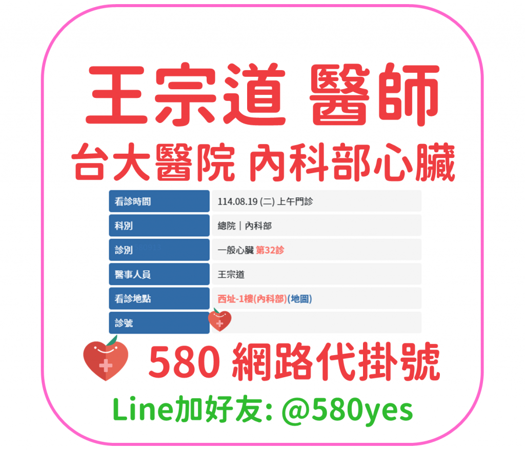 王宗道 醫師 台大醫院 內科部心臟 掛號成功 20250819